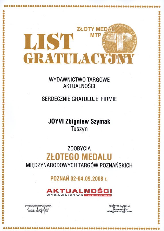 List gratulacyjny - Międzynarodowe Targi Poznańskie 2008